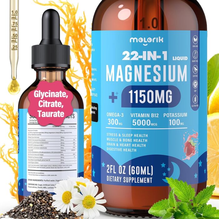 1150mg Magnesium Glycinate Liquid with Citrate, Taurate - 22 in 1 Triple Magnesium Complex Magnesium Drops with Omega3, 5000mcg Vitamin B12, B6, C, D, Zinc, Potassium for Night, Digestive, Strawberry - Image 2
