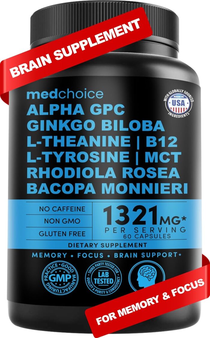 12-in-1 Nootropic Brain Supplement Anhydrous: Ginkgo Biloba for Brain Support, Memory and Focus - B12, Alpha GPC, L Theanine and Choline Supplements with Bioperine non Caffeinated 1321mg (60ct) - Image 2