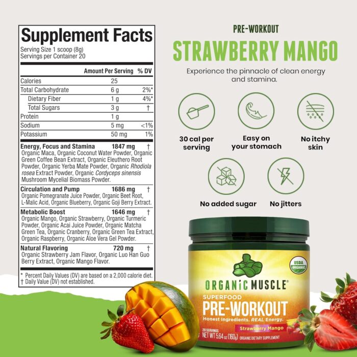 USDA Organic Pre-Workout Powder, Strawberry Mango | Clean Energy Without Jitters | Natural Performance Boost | No Artificial Sweeteners | 20 Superfoods | Low Caffeine, 20 Servings - Image 6