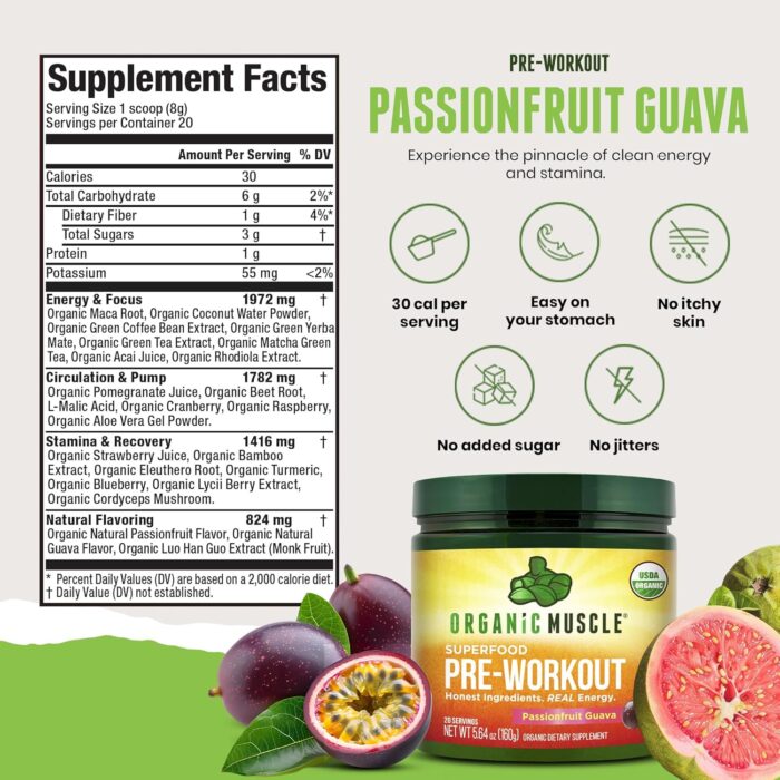 USDA Organic Pre-Workout Powder, Passionfruit Guava | Clean Energy Without Jitters | Natural Performance Boost | No Artificial Sweeteners | 20 Superfoods | Low Caffeine, 20 Servings - Image 6