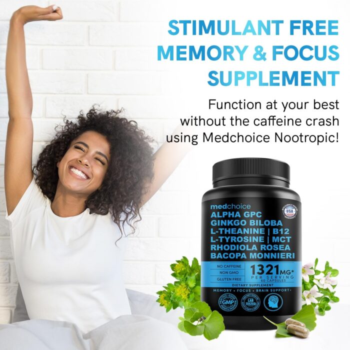 12-in-1 Nootropic Brain Supplement Anhydrous: Ginkgo Biloba for Brain Support, Memory and Focus - B12, Alpha GPC, L Theanine and Choline Supplements with Bioperine non Caffeinated 1321mg (60ct) - Image 5