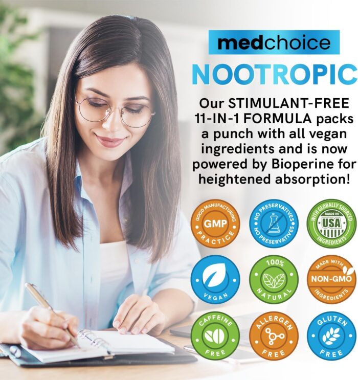 12-in-1 Nootropic Brain Supplement Anhydrous: Ginkgo Biloba for Brain Support, Memory and Focus - B12, Alpha GPC, L Theanine and Choline Supplements with Bioperine non Caffeinated 1321mg (60ct) - Image 7