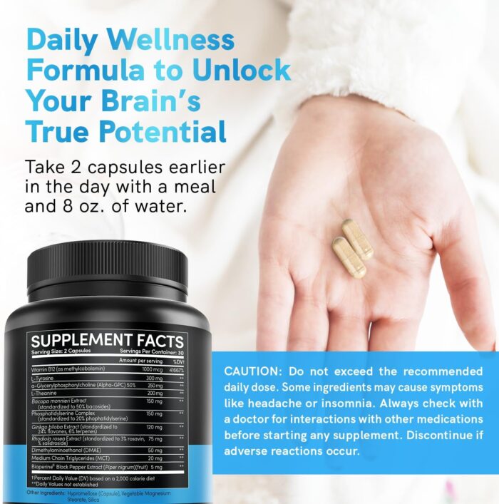 12-in-1 Nootropic Brain Supplement Anhydrous: Ginkgo Biloba for Brain Support, Memory and Focus - B12, Alpha GPC, L Theanine and Choline Supplements with Bioperine non Caffeinated 1321mg (60ct) - Image 8