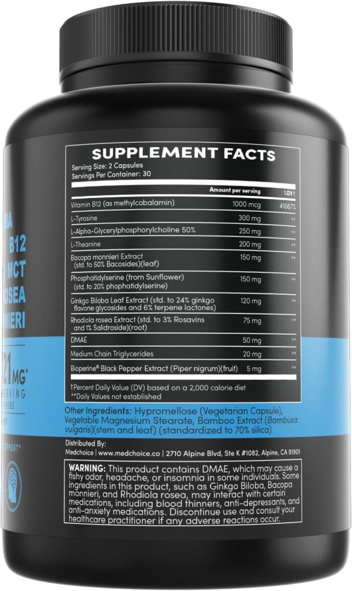 12-in-1 Nootropic Brain Supplement Anhydrous: Ginkgo Biloba for Brain Support, Memory and Focus - B12, Alpha GPC, L Theanine and Choline Supplements with Bioperine non Caffeinated 1321mg (60ct) - Image 9