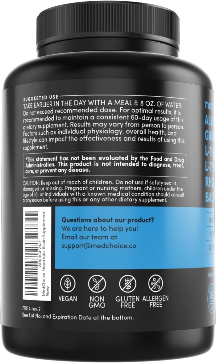 12-in-1 Nootropic Brain Supplement Anhydrous: Ginkgo Biloba for Brain Support, Memory and Focus - B12, Alpha GPC, L Theanine and Choline Supplements with Bioperine non Caffeinated 1321mg (60ct) - Image 10