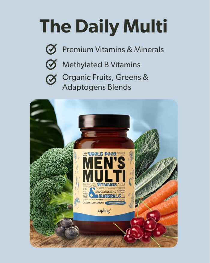 Multivitamin for Men - Daily Men’s Multivitamin - Methylated B Complex with Whole Food Ingredients, Vitamin B12, Folate, A, C, D3, E, K2, Organic Fruits & Vegetables - Vegan, Non-GMO - 60 Caps - Image 3