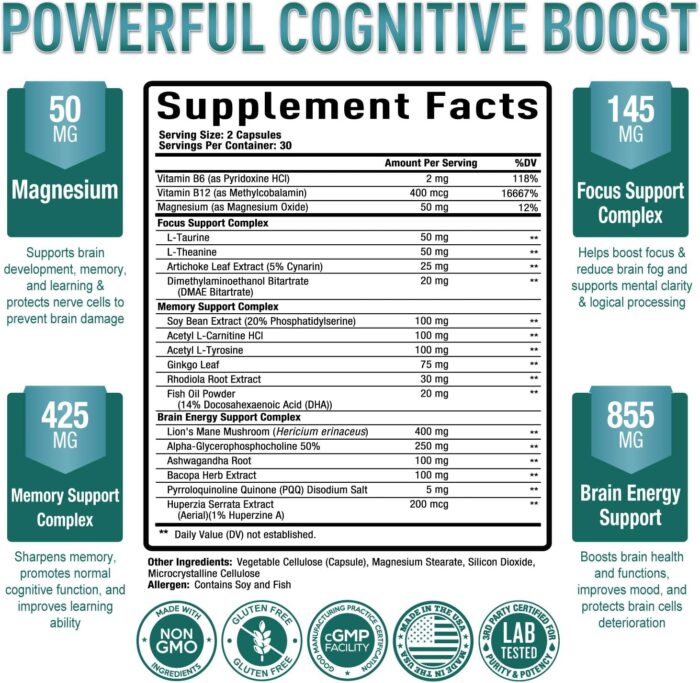 Purely Optimal Brain Supplement for Memory and Focus - Nootropic Support with Lion’s Mane, Alpha-GPC, Ginko Biloba, & Bacopa Monnieri - 60 Capsules - Image 3