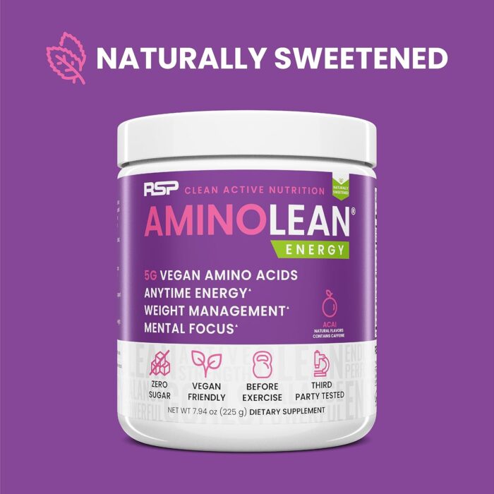 RSP NUTRITION AminoLean Natural Pre Workout Powder, Sucralose Free Amino Energy with No Artificial Dyes, Vegan BCAAs and Weight Management, Acai, 25 Serv - Image 3