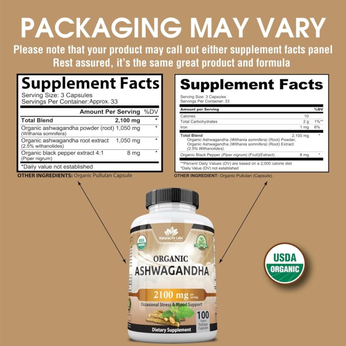 Organic Ashwagandha 2,100 mg - 100 Veggie Capsules Pure Organic Ashwagandha Powder and Root Extract - Stress Relief, Mood Enhancer - Image 3