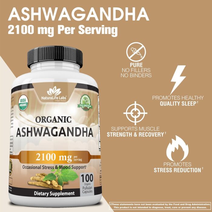 Organic Ashwagandha 2,100 mg - 100 Veggie Capsules Pure Organic Ashwagandha Powder and Root Extract - Stress Relief, Mood Enhancer - Image 4