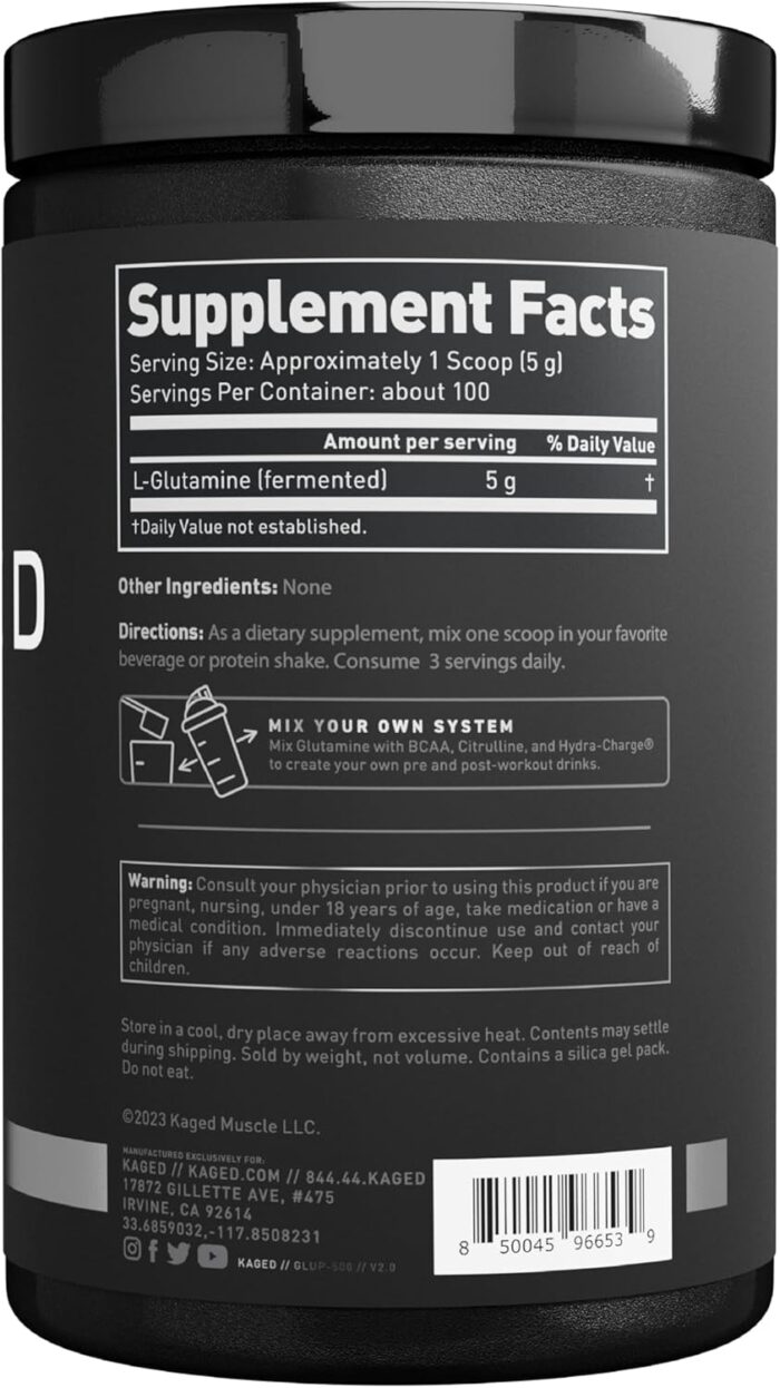 Kaged Muscle, L-Glutamine Powder 500 Gram, Vegan, Support Muscle Recovery, Post Workout, Glutamine, Banned-Substance Free, Unflavored, 100 Servings - Image 3