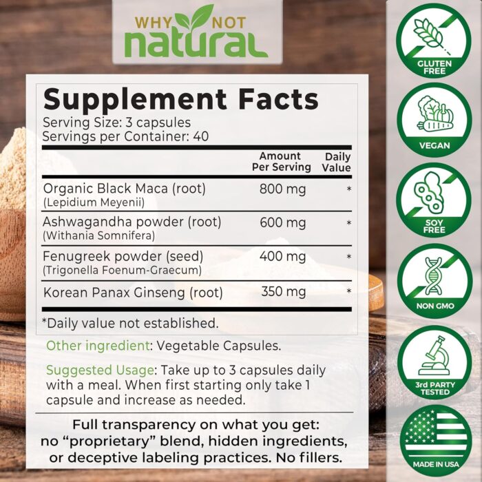 Why Not Natural 4-in-1 Organic Black Maca Root, Ashwagandha, Fenugreek, Panax Ginseng Capsules, Supplement for Men and Women - Image 3
