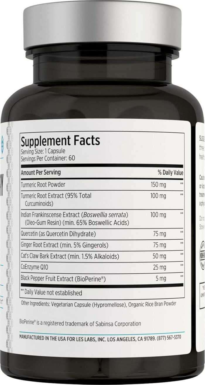 LES Labs Inflammatory Health – Joint Support, Muscle Function & Relaxation, Mobility– Turmeric, Boswellia, Quercetin, Ginger & CoQ10 – Non-GMO Supplement – 60 Capsules - Image 3