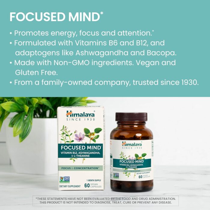 Himalaya Focused Mind with Ashwagandha, Bacopa & L-Theanine for Focus, Energy and Attention, 60 Capsules, 1 Month Supply, Vegan, Gluten Free - Image 4