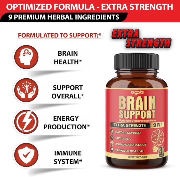 9in1 Brain Support Supplement - Concentrated Ashwagandha Root, Gotu Kola Powder, Bacopa Monnieri Powder and More - 90 Capsules - 3-Month Supply - Image 4