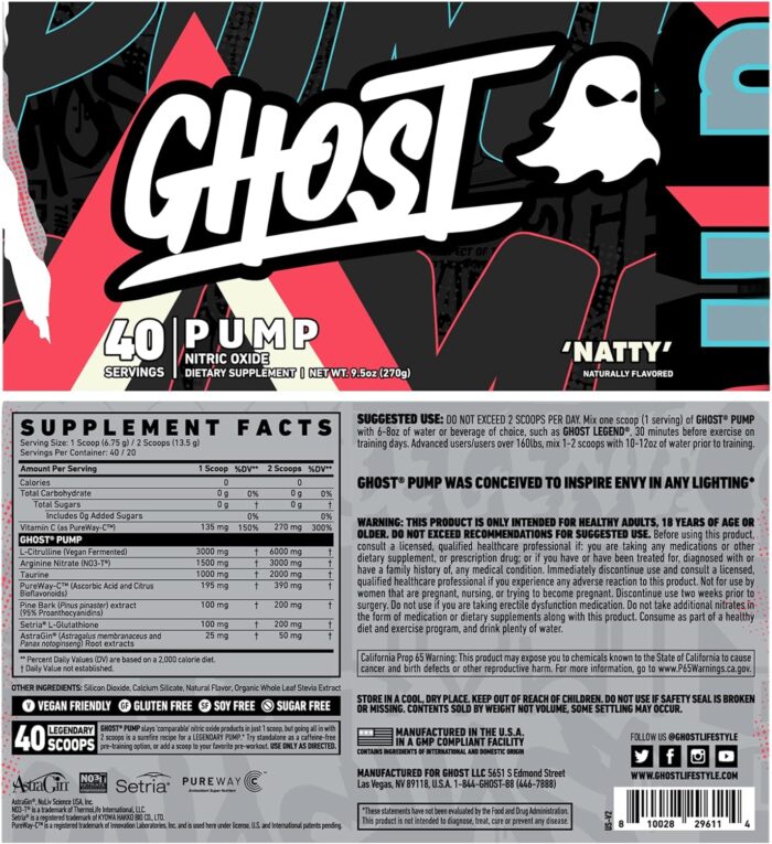 GHOST Pump Nitric Oxide Powder, Natty - 40 Servings - Sugar & Stim-Free Pre-Workout Supplements - L-Citrulline, Arginine Nitrate & L-Glutathione - Soy & Gluten-Free, Vegan - Image 3