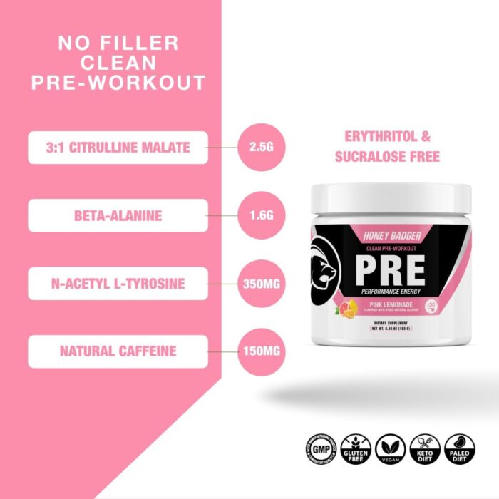Honey Badger Pre Workout Powder, Keto Vegan Preworkout for Men & Women, Beta Alanine & Caffeine, Sugar Free Natural Energy Supplement, Pink Lemonade, 30 Servings - Image 3