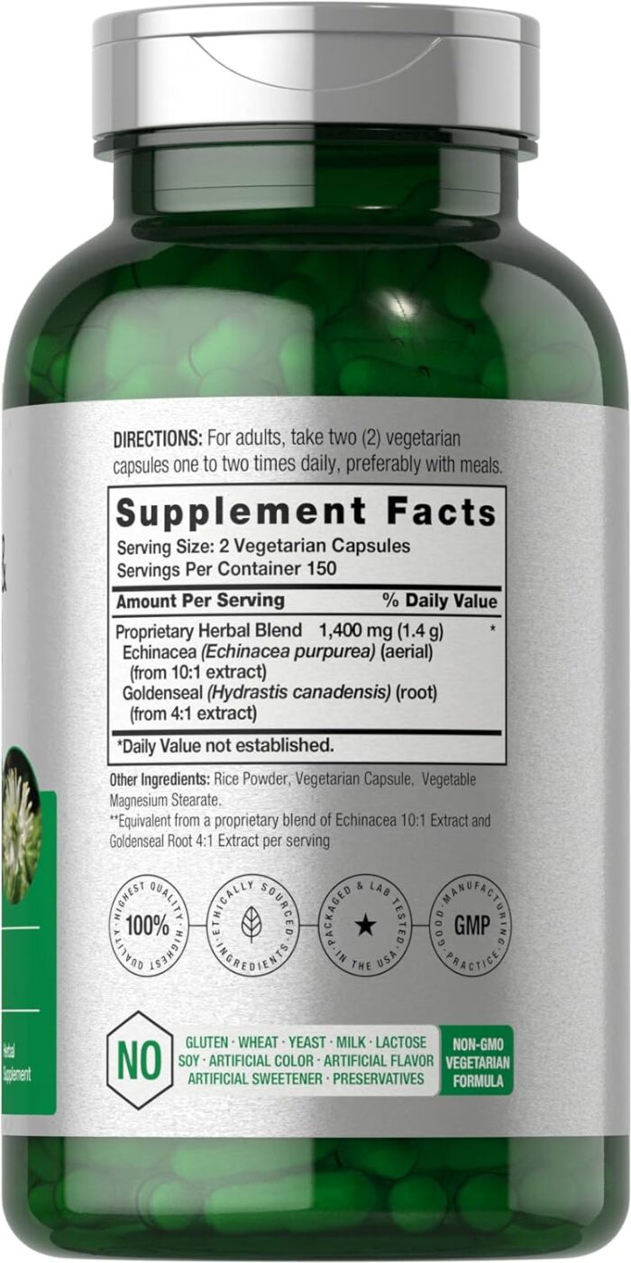 Horbäach Echinacea Goldenseal Capsules | 1400mg | 300 Count | Vegetarian, Non-GMO, Gluten Free Extract Supplement - Image 3