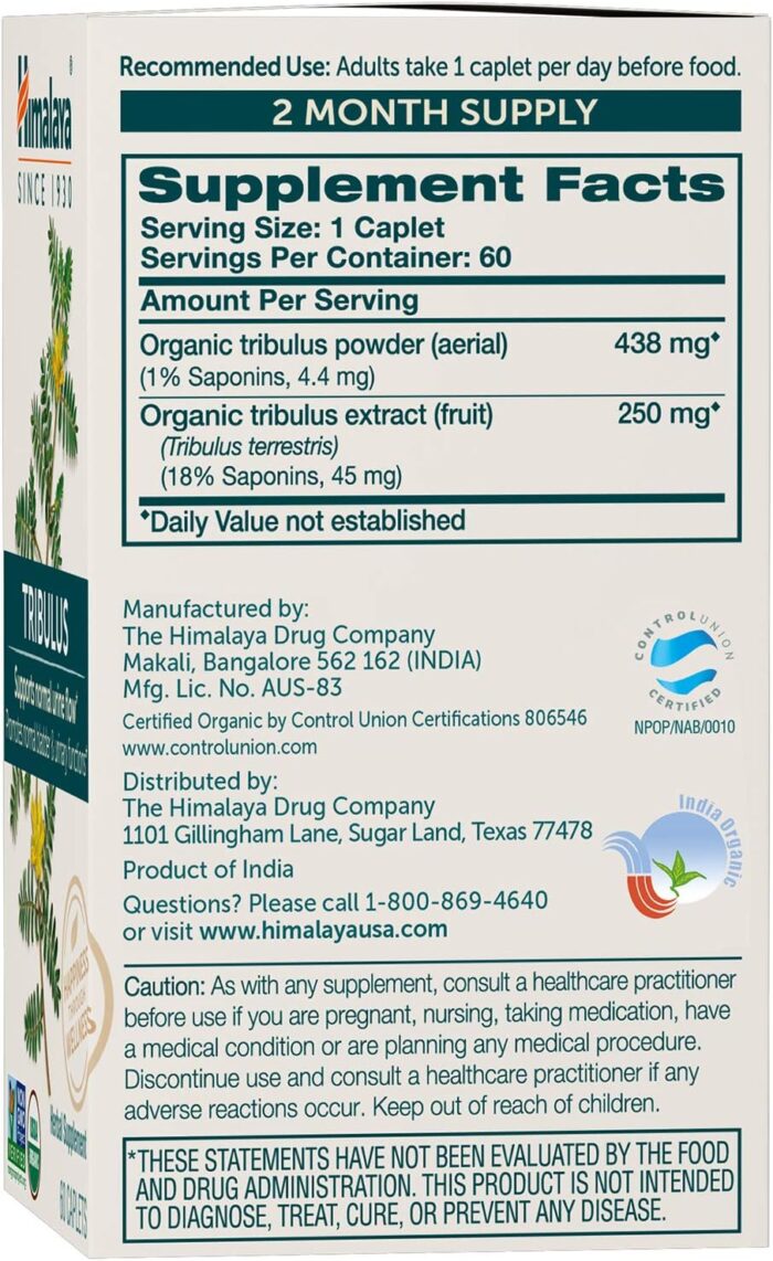 Himalaya Organic Tribulus Terrestris, Herbal Supplement for Urinary Support and Flow, Bladder Function, Prostate Support, Stamina, Male Energy, Non-GMO, USDA Organic, Vegan, 688 mg, 60 Caplets - Image 3