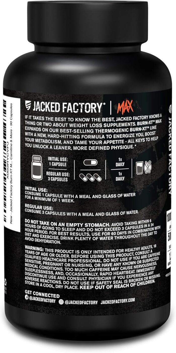 Jacked Factory Burn-XT Max - High-Performance Thermogenic Fat Burner & Appetite Suppressant for Weight Loss w/PurCaf Organic Caffeine, MitoBurn, Green Tea, Acetyl L Carnitine & More - 90 Capsules - Image 9