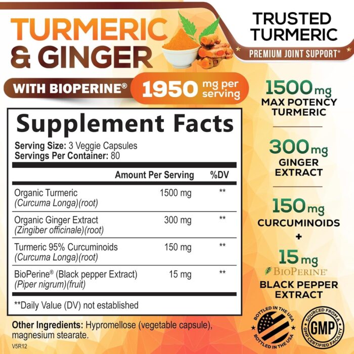 Turmeric Curcumin Supplement 1950mg with Organic Turmeric & Ginger, 95% Curcuminoids, BioPerine Black Pepper for Best Absorption, Nature's Vegan Joint Support, Non-GMO, Bottled in USA - 240 Capsules - Image 3