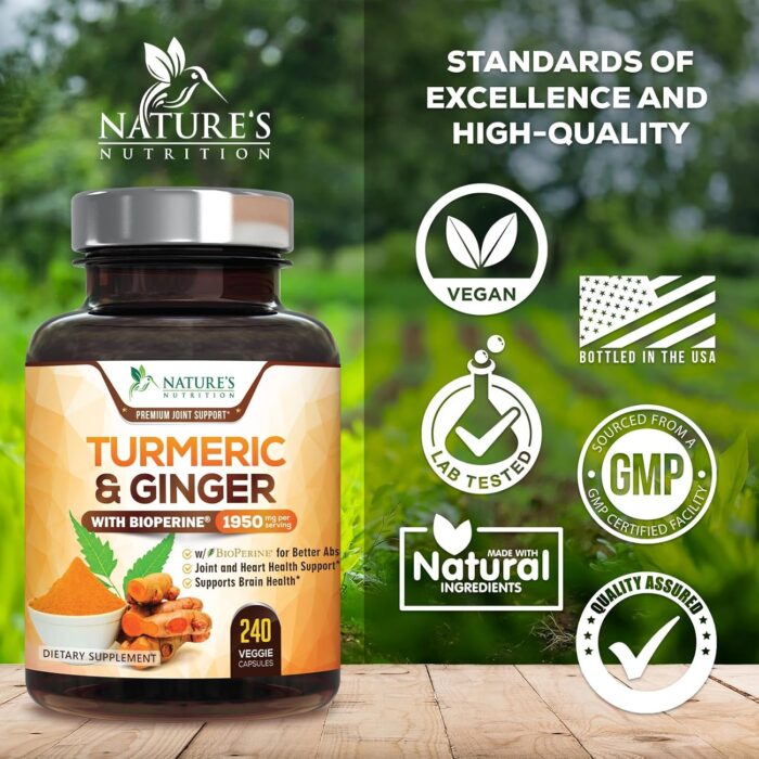 Turmeric Curcumin Supplement 1950mg with Organic Turmeric & Ginger, 95% Curcuminoids, BioPerine Black Pepper for Best Absorption, Nature's Vegan Joint Support, Non-GMO, Bottled in USA - 240 Capsules - Image 5