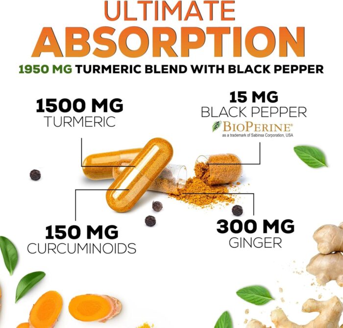 Turmeric Curcumin Supplement 1950mg with Organic Turmeric & Ginger, 95% Curcuminoids, BioPerine Black Pepper for Best Absorption, Nature's Vegan Joint Support, Non-GMO, Bottled in USA - 240 Capsules - Image 7