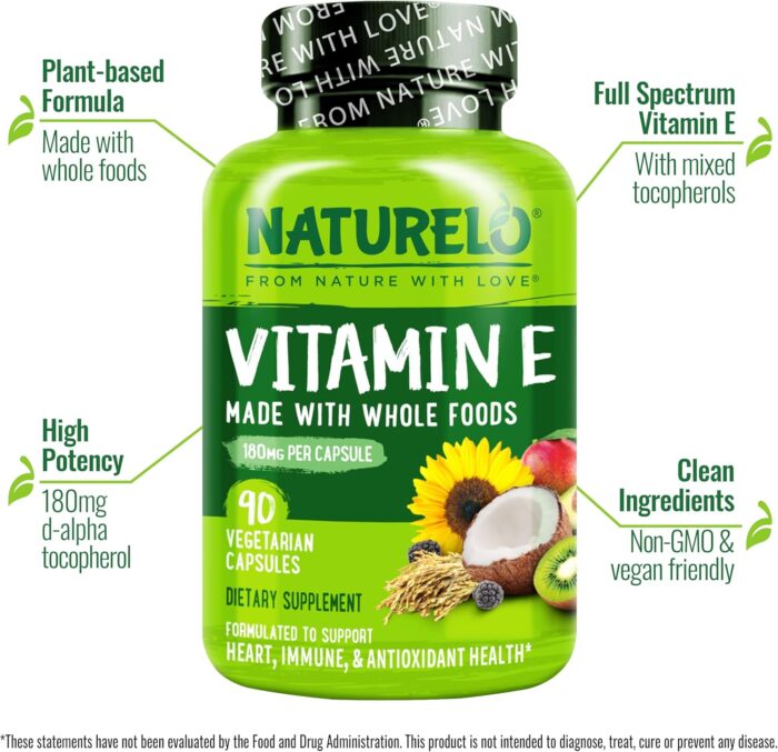 NATURELO Vitamin E - 180 mg (300 IU) of Natural Mixed Tocopherols from Organic Whole Foods - Supplement for Healthy Skin, Hair, Nails, Immune & Eye Health - Non-GMO, Soy Free - 90 Vegan Capsules - Image 3