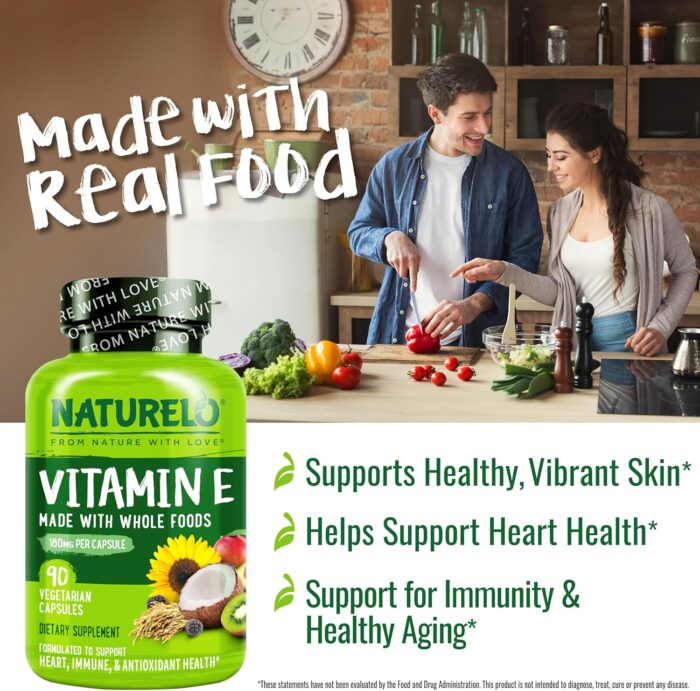 NATURELO Vitamin E - 180 mg (300 IU) of Natural Mixed Tocopherols from Organic Whole Foods - Supplement for Healthy Skin, Hair, Nails, Immune & Eye Health - Non-GMO, Soy Free - 90 Vegan Capsules - Image 6