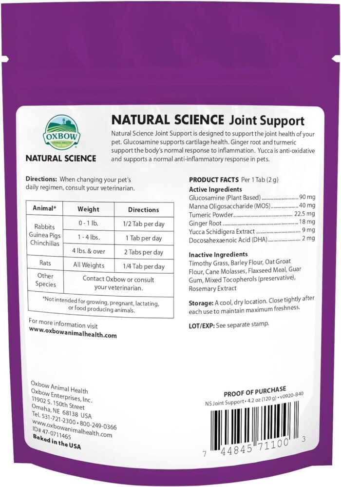 Oxbow Animal Health Natural Science Joint Support, Anti Inflammatory Supplement for Rabbit & Guinea Pig, Oxbow Timothy Hay, Made with Glucosamine, Turmeric, & Yucca, Made in USA, 4.2 oz Bag - Image 3