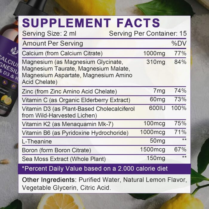 Calcium Magnesium Zinc 1300mg with Magnesium Glycinate, Vitamin C D3 K2 B6 and Sea Moss | Calcium Supplement Calcium with Vitamin D3 K2 Liquid Drop | Gluten Free | 2 Pack - Image 4