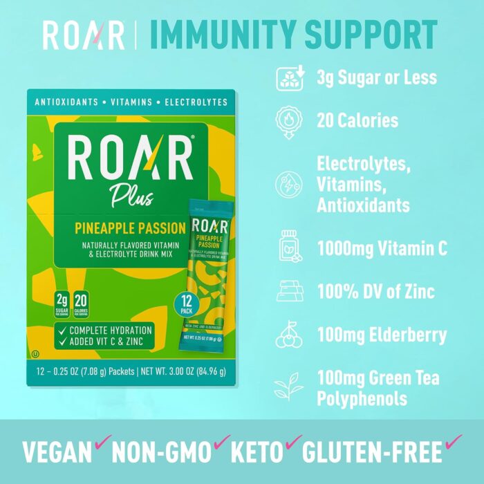 Naturally Flavored Vitamin and Electroly Drink Mix - Pineapple Passion by Roar - 12 x 0.05 oz Electrolytes - Image 3