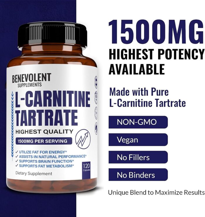 Premium L-Carnitine Tartrate Supplement - 1500mg - Utilize Fat for Energy with Tartrate, Lean Muscle Gain, Boost Natural Energy, Support Metabolism & Fatigue - 120 Non-GMO Pure L Carnitine Capsules - Image 4