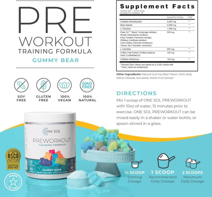 One Sol Pre-Workout for Women, Enhanced Pump & Focus, No Jitters Or Crash, Natural Ingredients, 100% Vegan, Gluten Free & Soy Free, (Gummy Bear) - Image 3