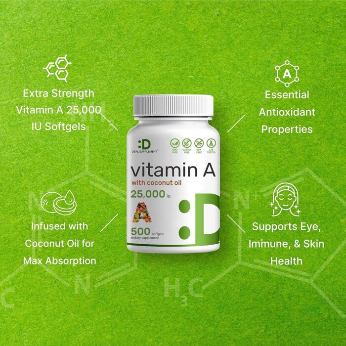 DEAL SUPPLEMENT High Potency Vitamin A 25000 IU, 500 Coconut Oil Softgels | Easily Absorbed, Natural Fish Liver Oil Source – Vitamins for Eye, Immune, & Skin Health – Easy to Swallow, Non-GMO - Image 5