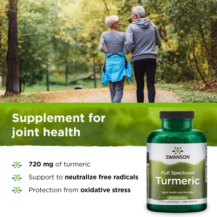 Swanson Turmeric Antioxidant, Joint Health, Cardiovascular, Liver Detox, Mood and Memory Support Supplement Curcuma Longa (Rhizome) 720 mg, 240 Capsules, 120 Servings, 1.44 Grams per Serving - Image 4