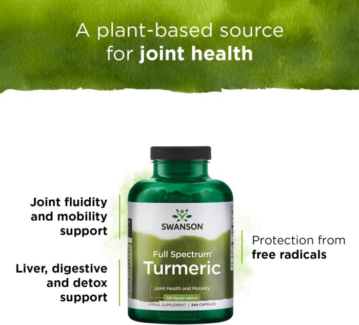 Swanson Turmeric Antioxidant, Joint Health, Cardiovascular, Liver Detox, Mood and Memory Support Supplement Curcuma Longa (Rhizome) 720 mg, 240 Capsules, 120 Servings, 1.44 Grams per Serving - Image 5