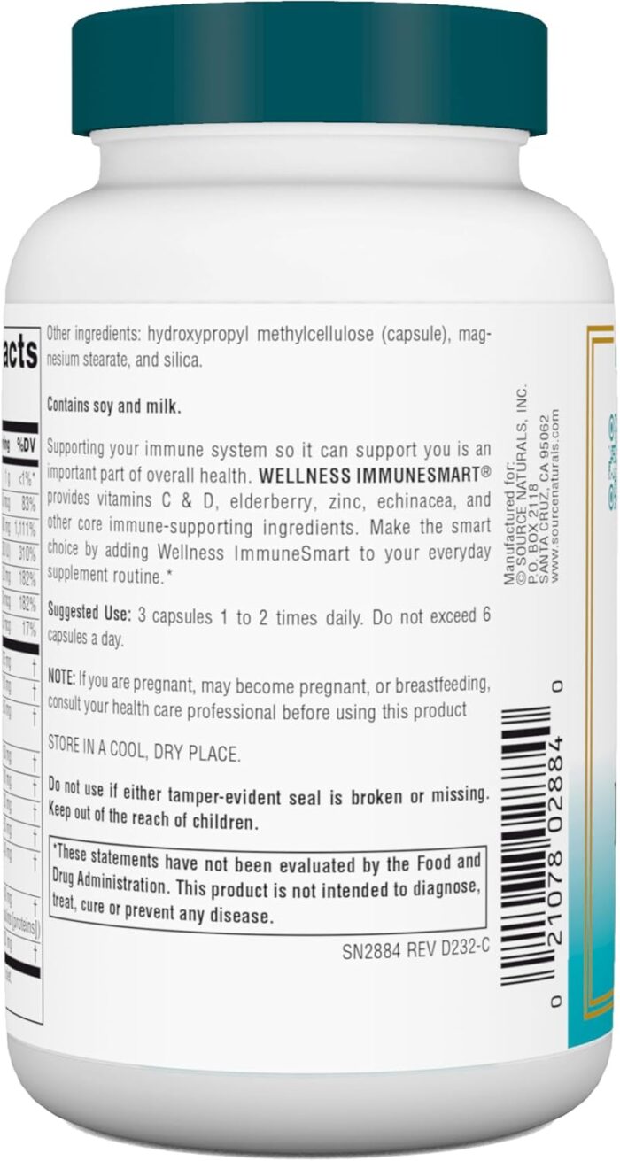 Source Naturals Wellness ImmuneSmart - for Core Daily Immune Support*, with Vitamins A, C, and D, Zinc, Elderberry, Echinacea, Andrographis, Turkey Tail and Garlic - 90 Capsules - Image 4