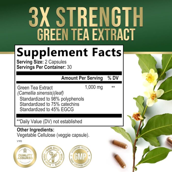 Green Tea Extract Supplement Pills 1000mg - 98% Standardized EGCG with Polyphenols - 3X Strength for Natural Energy - Supports Heart and Antioxidant Health - Nature's Gentle Caffeine - 60 Capsules - Image 3