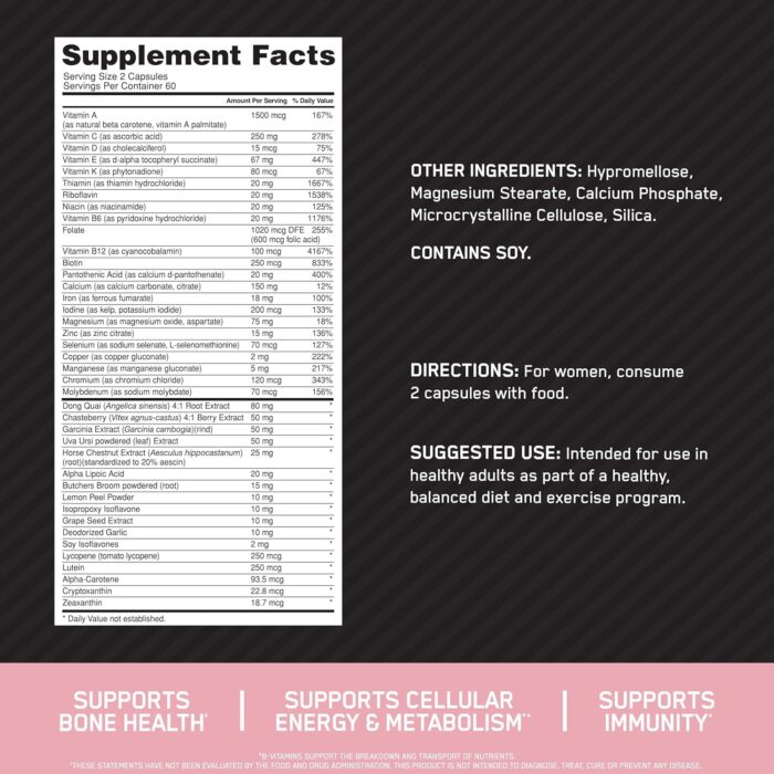 Optimum Nutrition Opti-Women, Vitamin C, Zinc and Vitamin D for Immune Support Womens Daily Multivitamin Supplement with Iron, Capsules, 120 Count - Image 3