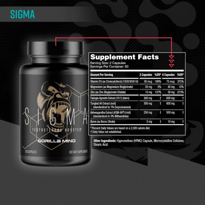 Gorilla Mind Sigma Testosterone Booster - Made with Tongkat Ali and Fadogia Agrestis Extract to Support Higher Testosterone Level (120 Capsules) - Image 3