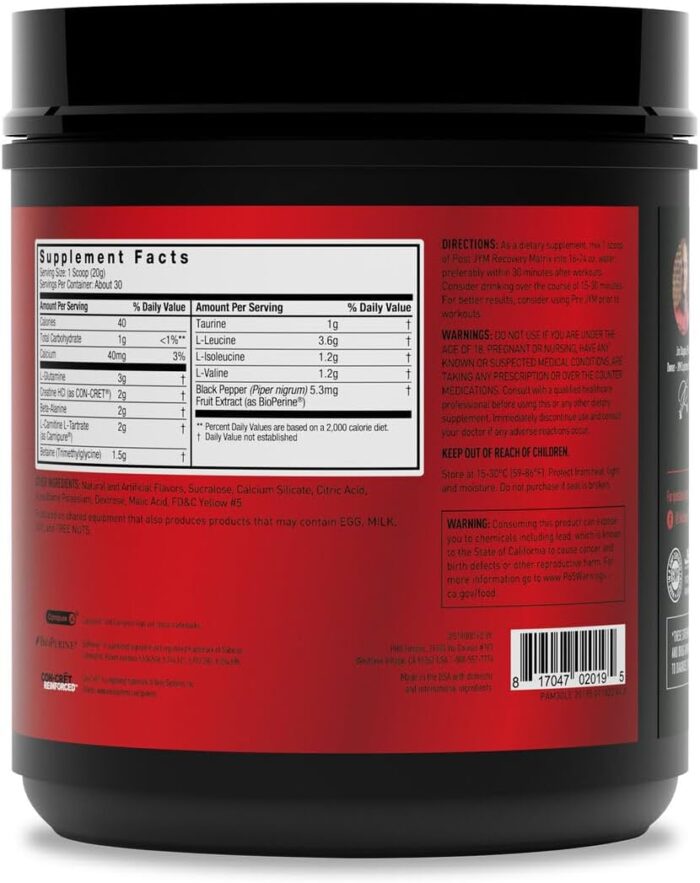 Post JYM Active Matrix Amino Recovery Powder | Pure Creatine HCL, BCAA’s, Glutamine, Carnitine, Betaine, Taurine for Maximum Strength, Repair, Definition, Performance | Lemonade Flavor 30 Servings - Image 4