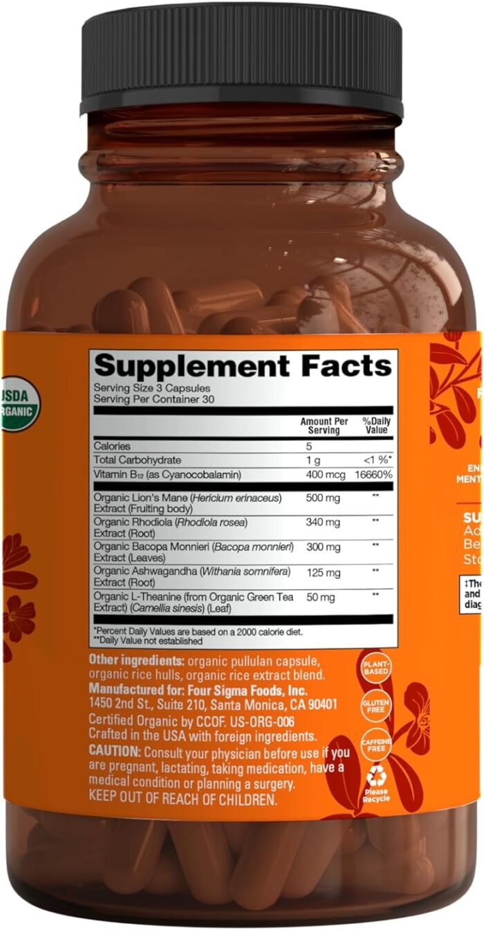 Four Sigmatic Focus Capsules | Lion's Mane Supplement Capsules | Brain Boosting Complex with Ashwagandha, Bacopa Monnieri & Rhodiola | Vegan Nootropic Adaptogen & Mushroom Supplement | 30 Servings - Image 3