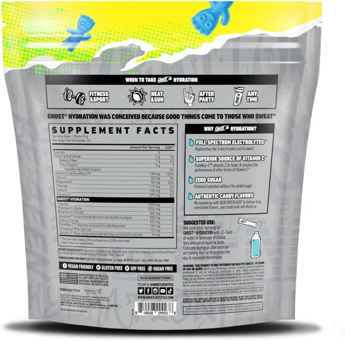 GHOST Hydration Packets, Sour Patch Kids Blue Raspberry, 24 Sticks, Electrolyte Powder - Drink Mix Supplement with Magnesium, Potassium, Calcium, Vitamin C - Vegan, Free of Soy, Sugar & Gluten - Image 3
