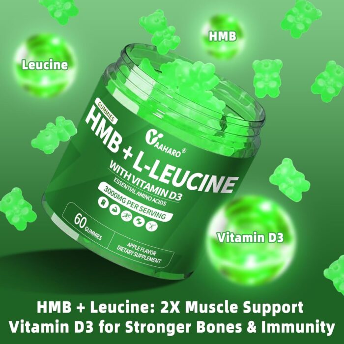 (2 Pack) HMB & L-Leucine Gummies 3000mg - with Vitamin D3 for Muscle Recovery, Energy, Endurance & Muscle Mass Increase - for Men & Women - Non-GMO, Vegan, Gluten-Free, Apple Flavor - 120 Gummies - Image 6