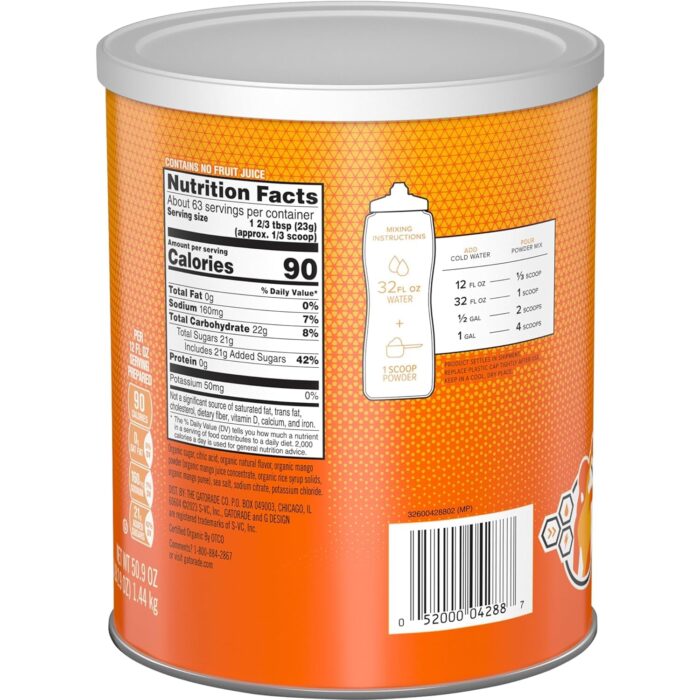 Gatorade G ESSNTL Organic Thirst Quencher Powder, Mango, 50.9oz Canister (Pack of 3) - Image 3