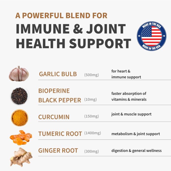 4-in-1 Turmeric and Garlic Supplements with Bioperine 2360 mg Turmeric Ginger Root Capsules with Garlic for Joint, Digestion & Immune Support (120 ct) - Image 4