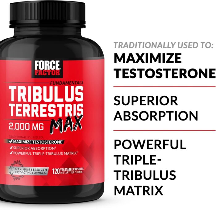 FORCE FACTOR Tribulus Terrestris Max for Men, Testosterone Booster and Male Vitality Supplement, for Superior Absorption, 2000mg, 120 Capsules - Image 3