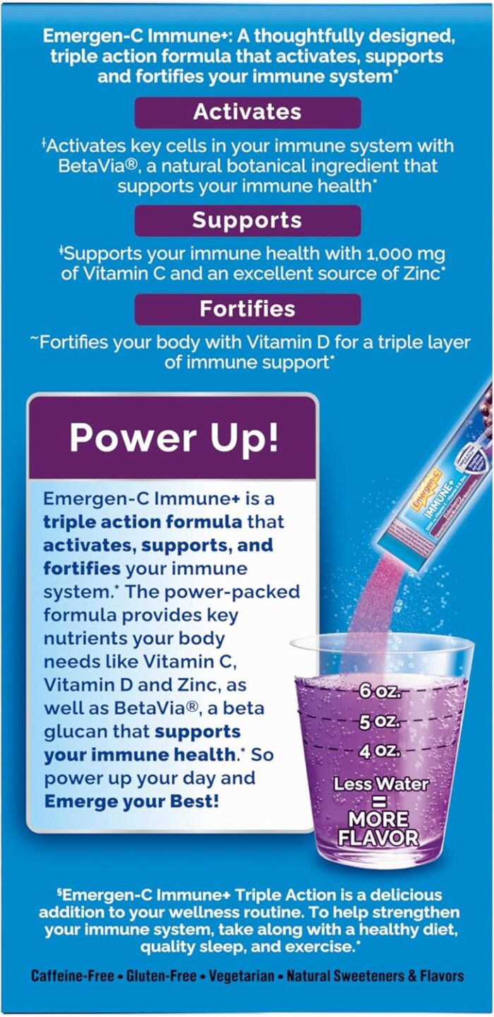 Emergen-C Immune+ Vitamin C 1000mg (18 Count, Elderberry) Dietary Supplement Fizzy Drink Mix Powder Packets - Image 11