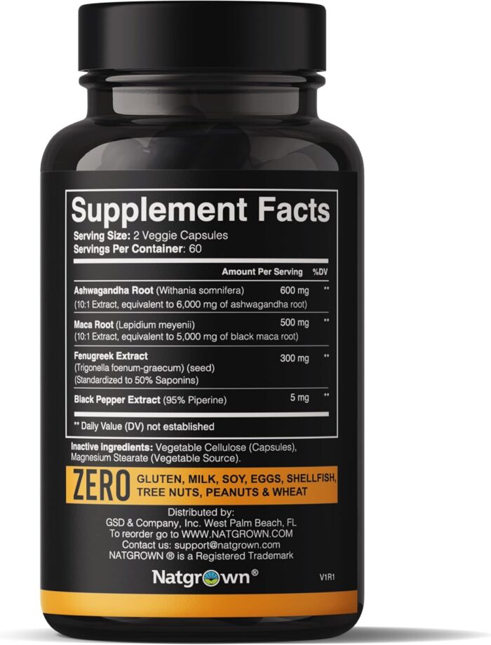 Natgrown Ashwagandha Maca Root Fenugreek Extract Capsules Supplement for Men & Women - Vegan Pills - (120 Count) - Image 3